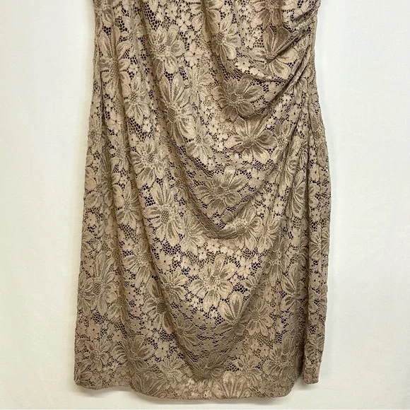 Calvin Klein Sleeveless Sheath Dress Size 14 Ruched Stretch Floral Lace Taupe - Picture 4 of 14